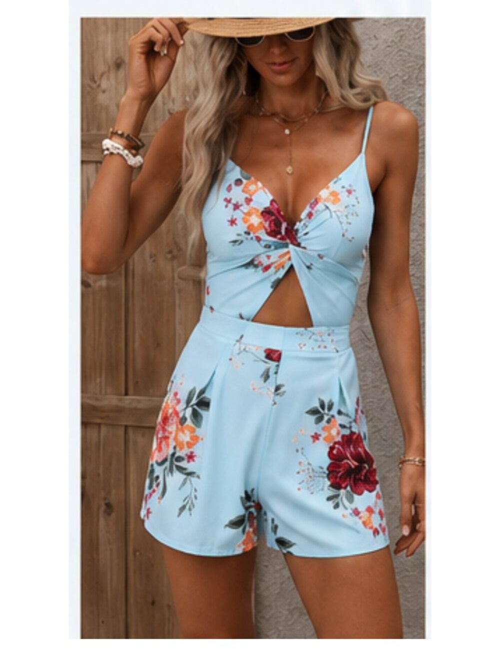Sky-Blue Boho Floral Print Romper - Size Large